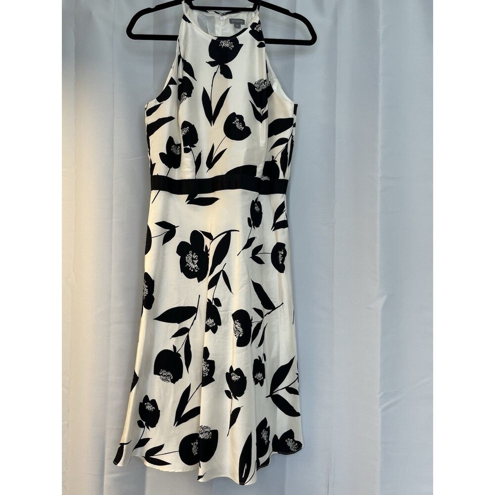ANN TAYLOR- 100% SILK White Black  or Navy Floral  A-Line SunDress Women's Sz 8